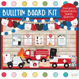 Puede incluir: Un colorido kit de tablero de anuncios de preparación para emergencias con el texto "BULLETIN BOARD KIT" y "Emergency Preparedness Bulletin Board Kit". El diseño incluye vehículos de emergencia, símbolos de primeros auxilios y carteles informativos.