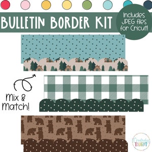 Puede incluir: Un conjunto de tres bordes de tablón de anuncios imprimibles con un tema de bosque. Los bordes incluyen un patrón de lunares azules, un patrón de cuadros verdes y blancos y un patrón marrón con osos marrones. Cada borde tiene un borde festoneado.