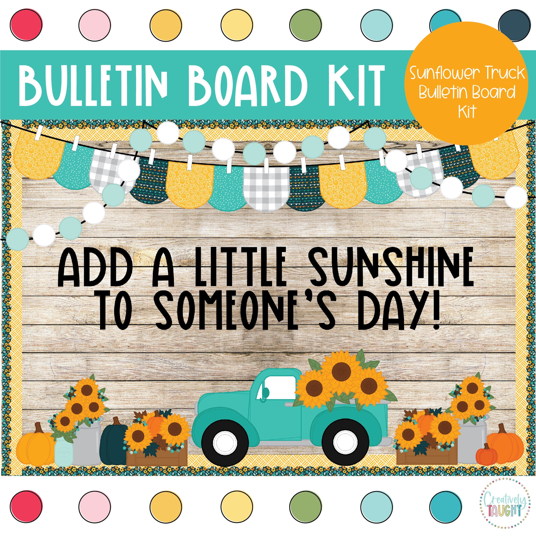 114-Piece Fall Bulletin Board Decor Kit - Pumpkin Sunflower Truck Cutouts With Plaid Border & Glue Points