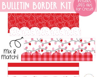 May include: A set of printable bulletin board borders featuring a Christmas theme. The borders include a red and white gingham pattern, a red background with white Santa hats, a white background with pink and white Christmas lights, and a pink background with white stars and candy canes. The text "Includes JPEG files for Cricut!" and "Mix & Match!" is also included in the image.