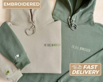 Anniversary Gift for Him • Custom Embroidered Roman Numeral Hoodie • Couples Gift • Personalized Date and Initial on Sleeve • Wedding Gift