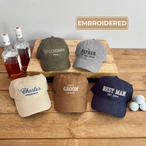 Custom Embroidered Groomsmen Hat, Corduroy Groom Ballcap, Father of the Bride Cap, Best Man Hat, Gift for Him, Wedding & Bachelor Party Hats image 1