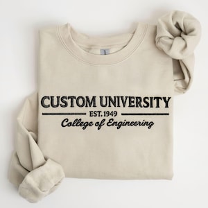 Custom University Sweatshirt with EST Year, Embroidered College Crewneck, Personalized School Gift, Graduation Pullover, Alumni Spirit Wear