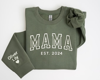 Benutzerdefinierte Mama Sweatshirt, Est Jahr bestickter Rundhalsausschnitt, neue Mutter Geschenk, Baby Namen Hülle, Muttertagsgeschenk, gemütlicher Mutter Pullover, benutzerdefinierte Hülle