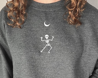 Bestickter Tanzender Skelett Rundhalsausschnitt, Halloween Party Sweatshirt, Gemütlicher Herbstpullover, Gruseliges Geschenk, Trendiger Halloween Hoodie