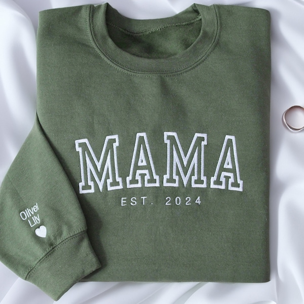 Custom Embroidered Mama Sweatshirt · Personalized Sleeve with Names · Mama EST Crewneck · Custom Mom Gift · New Mom & Dad Crewneck · E600