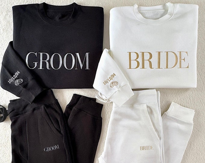 Personalized Bride Groom Gift Set, Matching Sweatshirt and Sweatpants, Honeymoon Shirt, Bachelorette Party Gift, Wedding Anniversary Outfit