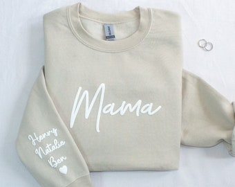 Custom Mama Sweatshirt with Kids Names on Sleeve • Personalized Crewneck for Mom and Grandma • Mom Shirt Puff Print • Mothers Day Gift