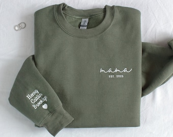 May include: A green sweatshirt with the word "mama" embroidered on the front and the names "Henry, Caitlin, Brooklyn" and a heart embroidered on the left sleeve.