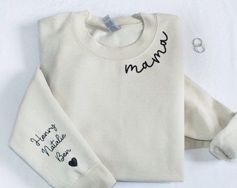 Custom Mama Sweatshirt with Kids Names on Sleeve • Personalized Crewneck for Mom and Grandma • Mom Shirt from Daughter • Mothers Day Gift