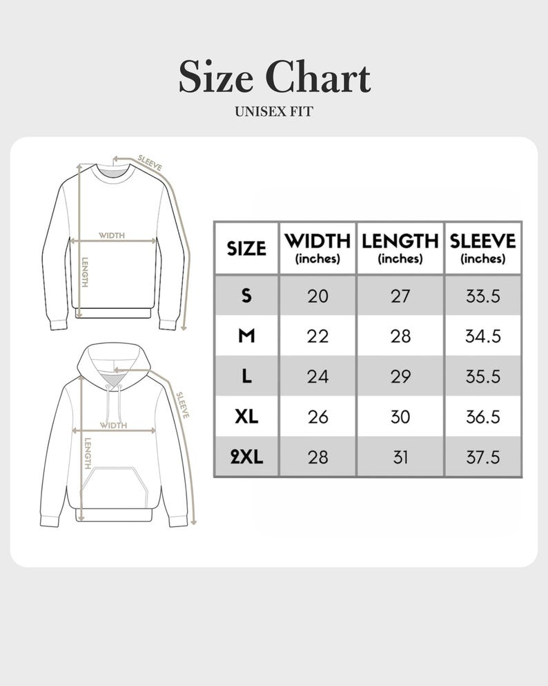 K&ouml;nnte beinhalten: Eine Gr&ouml;&szlig;entabelle f&uuml;r Unisex-Sweatshirts und -Hoodies. Die Tabelle enth&auml;lt Ma&szlig;e f&uuml;r Breite, L&auml;nge und &Auml;rmell&auml;nge in Zoll f&uuml;r die Gr&ouml;&szlig;en S, M, L, XL und 2XL. Die Tabelle zeigt auch Diagramme des Sweatshirts und Hoodies.