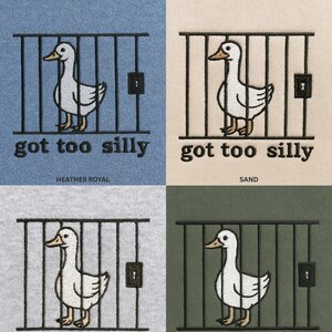 K&ouml;nnte beinhalten: Vier T-Shirts mit einem Enten-Design in einem K&auml;fig und dem Text "got too silly". Die Shirts sind in Heather Royalblau, Sand, Sportgrau und Milit&auml;rgr&uuml;n. Das Wort "Bestsellers" steht oben.
