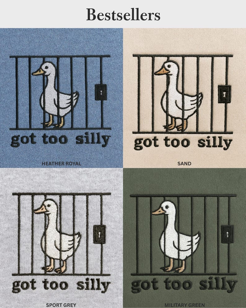 K&ouml;nnte beinhalten: Vier T-Shirts mit einem Enten-Design in einem K&auml;fig und dem Text "got too silly". Die Shirts sind in Heather Royalblau, Sand, Sportgrau und Milit&auml;rgr&uuml;n. Das Wort "Bestsellers" steht oben.