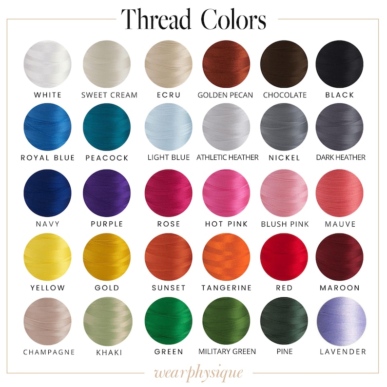 Peut inclure: Un nuancier de fils avec le nom de chaque couleur. Les couleurs incluent le blanc, la cr&egrave;me douce, l'&eacute;cru, la noix de p&eacute;can dor&eacute;e, le chocolat, le noir, le bleu royal, le paon, le bleu clair, le gris chin&eacute;, le nickel, le gris fonc&eacute;, le marine, le violet, la rose, le rose vif, le rose p&acirc;le, le mauve, le jaune, l'or, le coucher de soleil, la mandarine, le rouge, le marron, le champagne, le kaki, le vert, le vert militaire, le pin et la lavande.