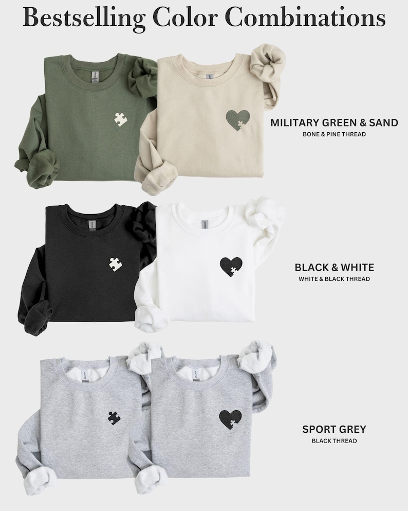 K&ouml;nnte beinhalten: Bild zeigt Sweatshirts in verschiedenen Farben: Milit&auml;rgr&uuml;n, Sand, Schwarz, Wei&szlig; und Sportgrau. Jedes Sweatshirt hat ein Herz- oder Puzzleteil-Design. Der Text "Bestselling Color Combinations" steht oben, mit Farbkombinationen und Fadendetails darunter.