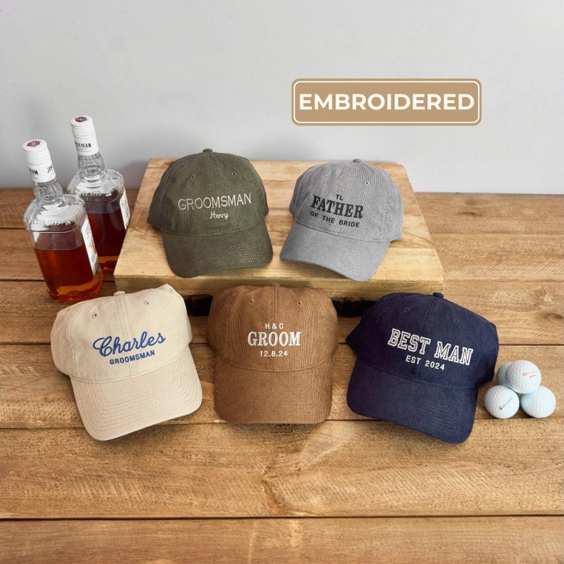 Custom Embroidered Groomsmen Hat, Corduroy Groom Ballcap, Father of the Bride Cap, Best Man Hat, Gift for Him, Wedding & Bachelor Party Hats image 1