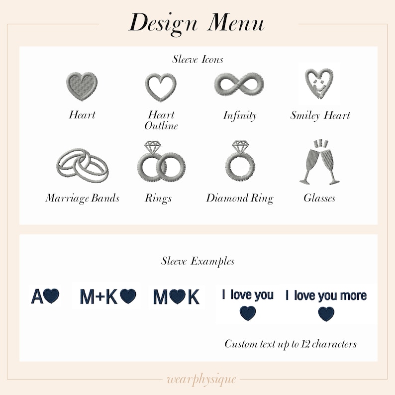Puede incluir: Men&uacute; de dise&ntilde;o para iconos de manga bordados. Elige entre coraz&oacute;n, infinito, coraz&oacute;n sonriente, alianzas, anillos, anillo de diamantes y vasos. Los ejemplos incluyen "A", "M+K", "MOK", "Te amo" y "Te amo m&aacute;s". Texto personalizado de hasta 12 caracteres.