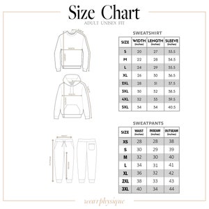 Puede incluir: Tabla de tallas para sudaderas y pantalones deportivos con medidas en pulgadas. La tabla muestra el ancho, la longitud y la longitud de la manga para las sudaderas y la cintura, la entrepierna y la longitud total para los pantalones deportivos. Las tallas van de XS a 5XL.