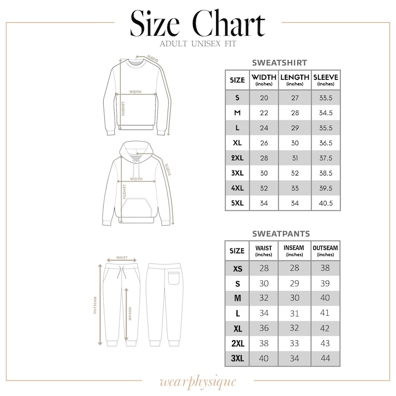 Puede incluir: Tabla de tallas para sudaderas y pantalones deportivos con medidas en pulgadas. La tabla muestra el ancho, la longitud y la longitud de la manga para las sudaderas y la cintura, la entrepierna y la longitud total para los pantalones deportivos. Las tallas van de XS a 5XL.