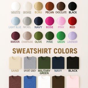 K&ouml;nnte beinhalten: Eine Farbkarte zeigt Faden- und Sweatshirt-Farboptionen. Zu den Fadenfarben geh&ouml;ren Wei&szlig;, Schwarz und verschiedene Blau-, Rosa- und Gr&uuml;nt&ouml;ne. Sweatshirt-Farben sind Sand, Grau, Gr&uuml;n, Marine, Schwarz, Burgunderrot, Blau, Wei&szlig;, Schokolade und Hellrosa.