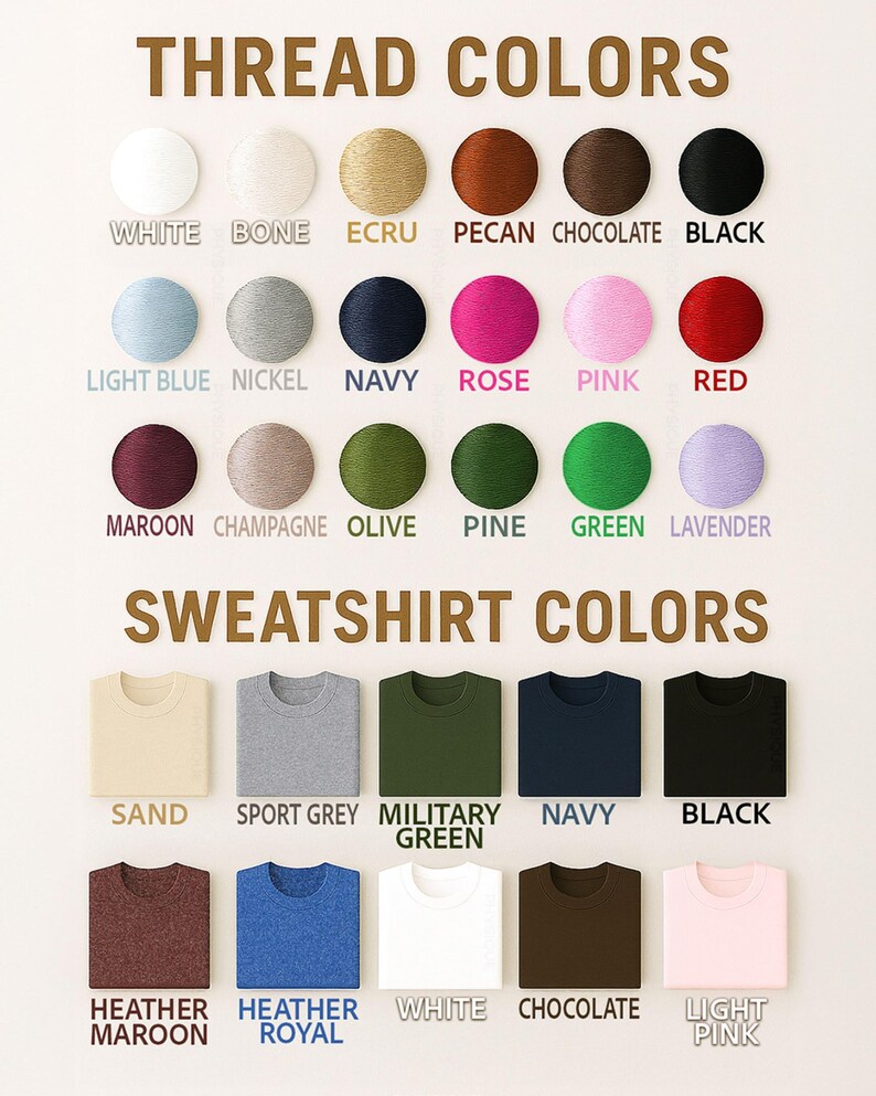 K&ouml;nnte beinhalten: Eine Farbkarte zeigt Faden- und Sweatshirt-Farboptionen. Zu den Fadenfarben geh&ouml;ren Wei&szlig;, Schwarz und verschiedene Blau-, Rosa- und Gr&uuml;nt&ouml;ne. Sweatshirt-Farben sind Sand, Grau, Gr&uuml;n, Marine, Schwarz, Burgunderrot, Blau, Wei&szlig;, Schokolade und Hellrosa.
