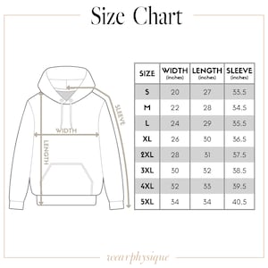 K&ouml;nnte beinhalten: Gr&ouml;&szlig;entabelle f&uuml;r einen Hoodie, mit Ma&szlig;en in Zoll. Die Tabelle umfasst die Gr&ouml;&szlig;en S bis 5XL und zeigt Breite, L&auml;nge und &Auml;rmell&auml;nge. Der Text "Size Chart" steht oben, und die Marke "wear physique" unten.