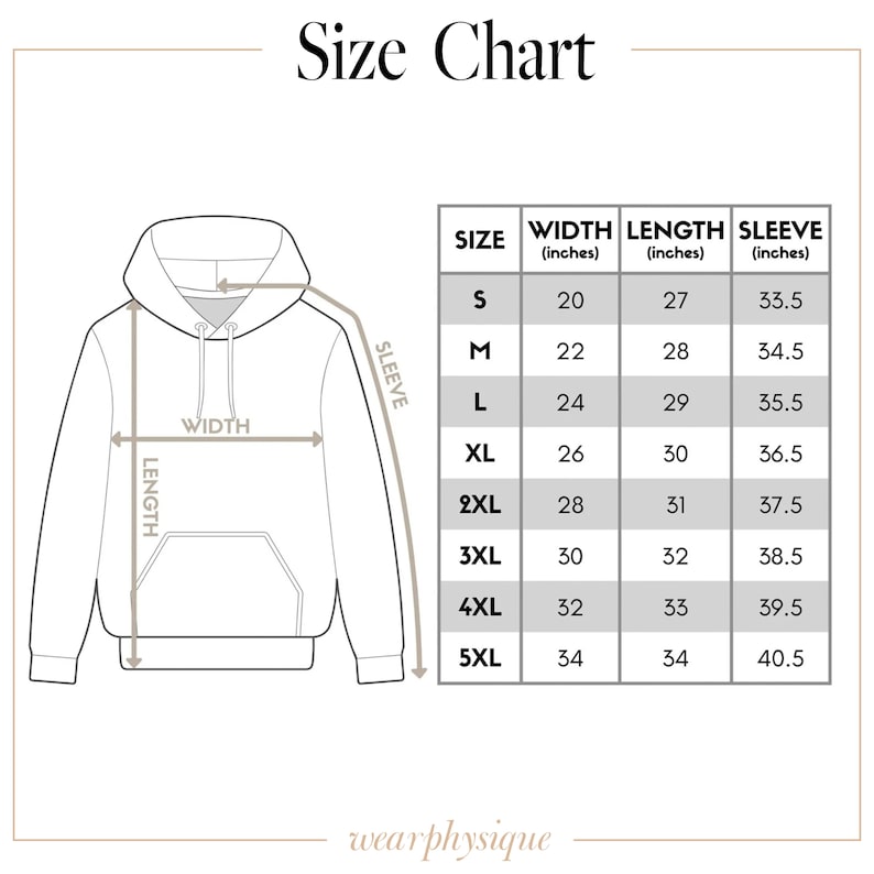 K&ouml;nnte beinhalten: Gr&ouml;&szlig;entabelle f&uuml;r einen Hoodie, mit Ma&szlig;en in Zoll. Die Tabelle umfasst die Gr&ouml;&szlig;en S bis 5XL und zeigt Breite, L&auml;nge und &Auml;rmell&auml;nge. Der Text "Size Chart" steht oben, und die Marke "wear physique" unten.