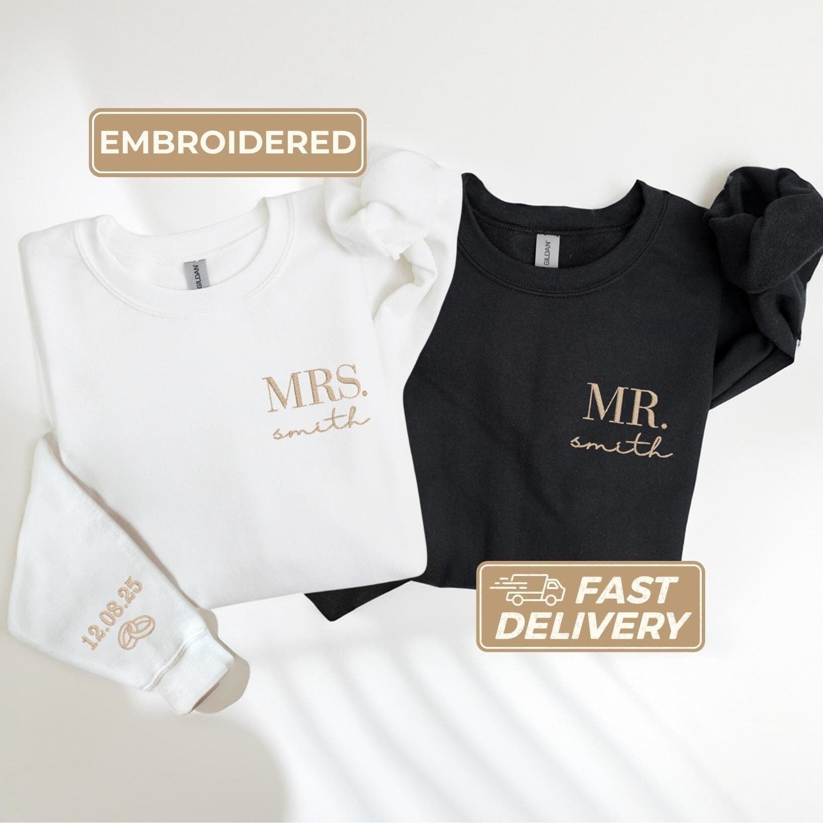 Mr Mrs Sweatshirt, Custom Embroidered Honeymoon & Bridal Gift, Mrs Crewneck Date, Hubby Wifey Jumper, Bride Groom Sweater, Mr Mrs Pullover