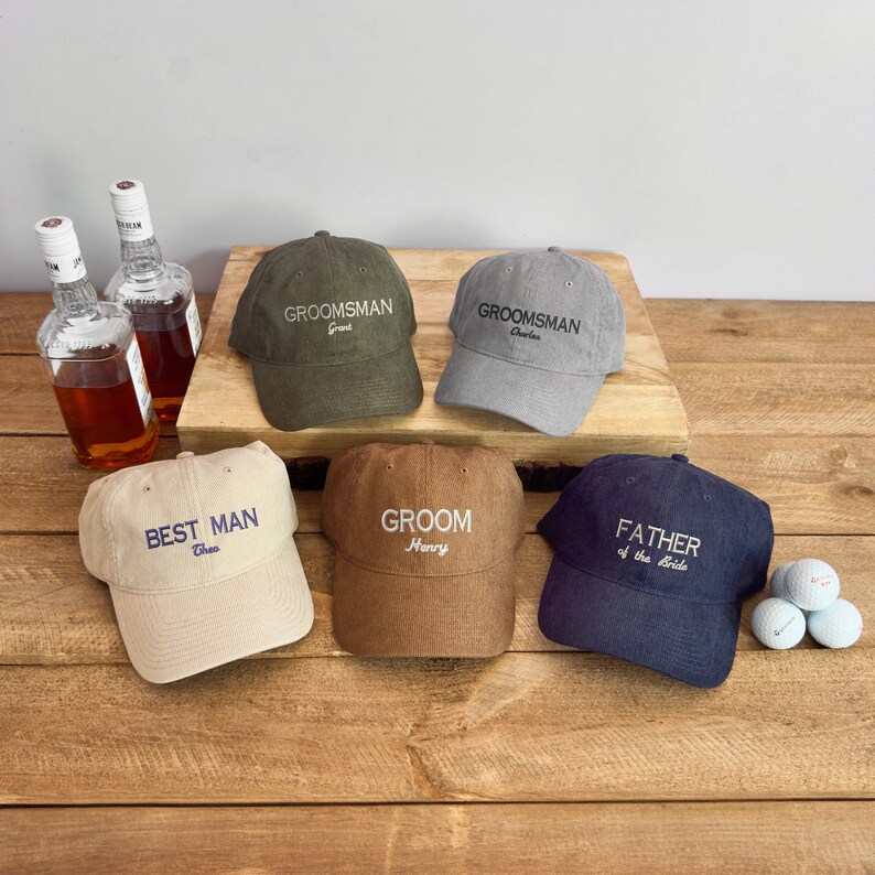 Custom Embroidered Groomsmen Hat, Corduroy Groom Ballcap, Father of the Bride Cap, Best Man Hat, Gift for Him, Wedding & Bachelor Party Hats image 4