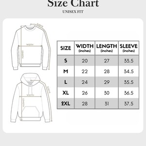 K&ouml;nnte beinhalten: Eine Gr&ouml;&szlig;entabelle f&uuml;r Unisex-Sweatshirts und -Hoodies. Die Tabelle enth&auml;lt Ma&szlig;e f&uuml;r Breite, L&auml;nge und &Auml;rmell&auml;nge in Zoll f&uuml;r die Gr&ouml;&szlig;en S, M, L, XL und 2XL. Die Tabelle zeigt auch Diagramme des Sweatshirts und Hoodies.