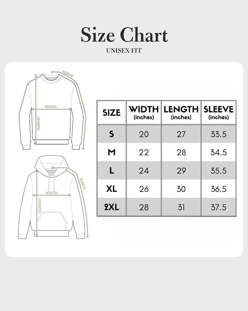 K&ouml;nnte beinhalten: Eine Gr&ouml;&szlig;entabelle f&uuml;r Unisex-Sweatshirts und -Hoodies. Die Tabelle enth&auml;lt Ma&szlig;e f&uuml;r Breite, L&auml;nge und &Auml;rmell&auml;nge in Zoll f&uuml;r die Gr&ouml;&szlig;en S, M, L, XL und 2XL. Die Tabelle zeigt auch Diagramme des Sweatshirts und Hoodies.