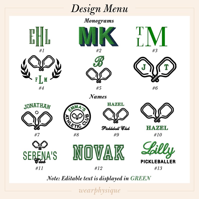 Peut inclure: Menu de conception pour des v&ecirc;tements de pickleball avec 13 options de conception diff&eacute;rentes. Les designs comprennent des monogrammes, des noms et des logos de clubs de pickleball. Le texte modifiable est affich&eacute; en vert.