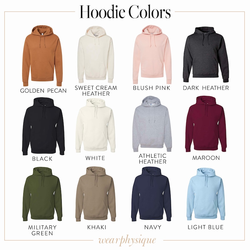 K&ouml;nnte beinhalten: Eine Auswahl an Hoodies in verschiedenen Farben, darunter Golden Pecan, Sweet Cream Heather, Blush Pink, Dark Heather, Black, White, Athletic Heather, Maroon, Military Green, Khaki, Navy und Light Blue. Der Text "Hoodie Colors" steht oben.