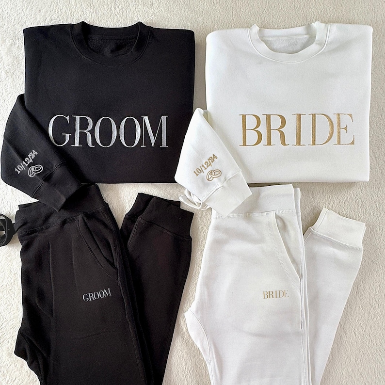 Personalized Bride Groom Gift Set, Matching Sweatshirt and Sweatpants, Honeymoon Shirt, Bachelorette Party Gift, Wedding Anniversary Outfit