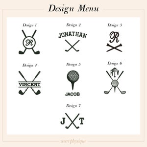 Peut inclure: Sept designs diff&eacute;rents sur le th&egrave;me du golf pour la personnalisation. Les designs comprennent des clubs de golf crois&eacute;s avec un cercle monogramme, une balle de golf sur un tee et un nom avec des clubs de golf crois&eacute;s. Le texte "Design 1", "Design 2", etc. est inclus au-dessus de chaque design.