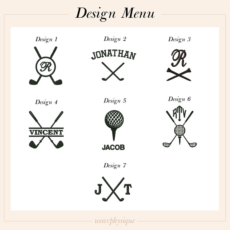 Peut inclure: Sept designs diff&eacute;rents sur le th&egrave;me du golf pour la personnalisation. Les designs comprennent des clubs de golf crois&eacute;s avec un cercle monogramme, une balle de golf sur un tee et un nom avec des clubs de golf crois&eacute;s. Le texte "Design 1", "Design 2", etc. est inclus au-dessus de chaque design.