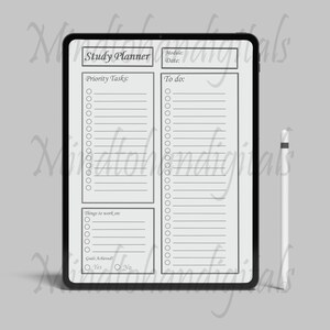 May include: A black and white digital study planner template on a tablet screen. The template includes sections for priority tasks, to do list, things to work on, and goals achieved.
