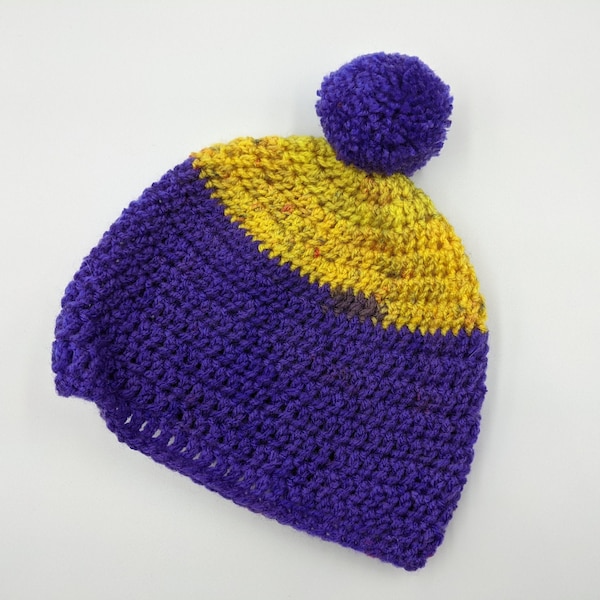 Crochet Baby Beanie - Purple & Gold, Knit Hat, Pompom, Lakers Baby Beanie, Baby Shower, The Longest Day Fundraiser, END ALZ, Ready to Ship