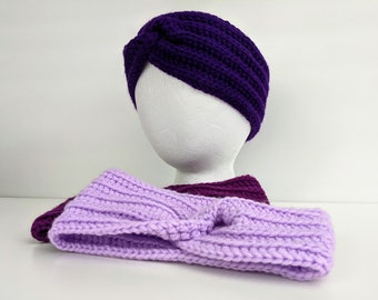 Purple Ear Warmer Headband, Ribbed Headband, Crochet Ear Warmer, Twist Headwarmer, Knit Headband, Birthday Gift Her, Gift for Mom