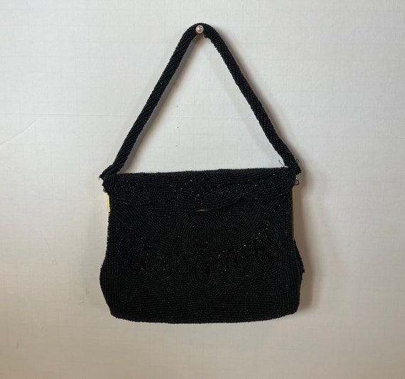 Vintage Beaded Black Purse. Black handbag. Beaded… - image 1