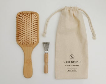 Plastic Free Hair Brush | Mojo Bamboo & Natural Rubber Hair Brush | Cotton Pouch Brush Cleaner | Eco Friendly Gift | Ships Next Day