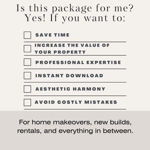 Slide listing benefits of the paint palette package, including saving time, increasing property value, expert-curated colors, instant download, aesthetic harmony, and avoiding costly mistakes. Designed for home makeovers, new builds, and rentals.