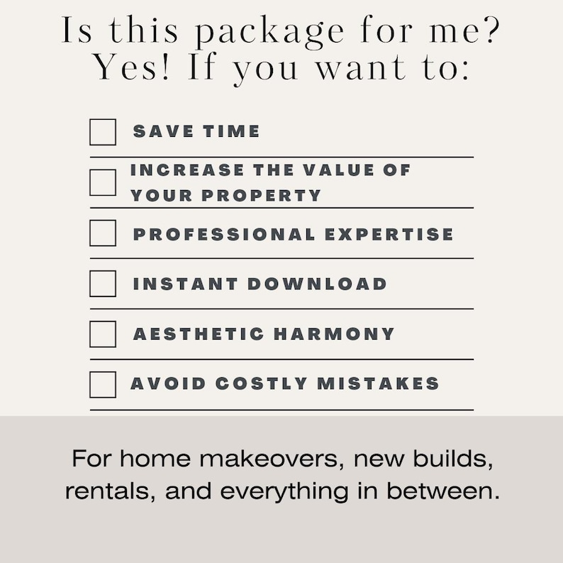 Slide listing benefits of the paint palette package, including saving time, increasing property value, expert-curated colors, instant download, aesthetic harmony, and avoiding costly mistakes. Designed for home makeovers, new builds, and rentals.