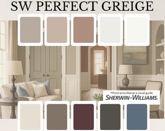 May include: A paint palette with the text "SW PERFECT GREIGE" and "WHOLE HOUSE PAIN PAINT PALETTE". The image shows a variety of paint color swatches, with a room setting in the background. The Sherwin-Williams logo is also visible.