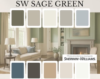 Peut inclure: Une palette de peinture pour la maison avec le texte "SW SAGE GREEN" et une variété d'échantillons de couleurs. L'image comprend une scène de pièce avec un canapé, une cheminée et des fenêtres, présentant les couleurs de peinture dans un espace de vie. Le logo Sherwin-Williams est également visible.
