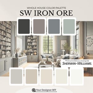 May include: A color palette graphic for "SW Iron Ore" from Sherwin-Williams. The image displays a living room with various shades of gray and neutral colors. Text includes "Whole House Color Palette" and "Your Designer BFF."
