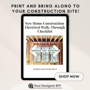 Op de afbeelding: Een digitale tablet toont een checklist voor elektrische walkthroughs van nieuwbouwwoningen. De tekst luidt "Print en neem mee naar uw bouwplaats!" en "Bijgewerkt en uitgebreid." Een "Shop Now"-knop is zichtbaar.