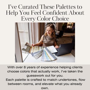 Portrait of an interior designer working with Sherwin-Williams paint samples. Text overlay explains the curated expertise behind each digital paint palette for cohesive color flow in real homes.