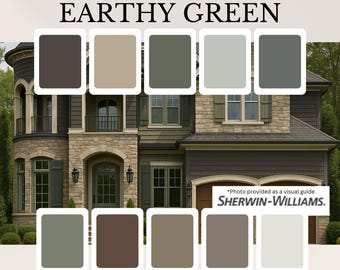 Modern Earthy Green Exterior Paint Palette with Sherwin-Williams Colors Digital Color Guide
