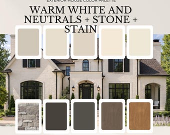 Puede incluir: Una paleta de colores para el exterior de una casa con tonos blancos cálidos y neutros, piedra y colores de tinte. La imagen incluye una casa con un exterior de ladrillo blanco y marcos de ventanas negros. El texto dice "EXTERIOR HOUSE COLOR PALETTE" y "WARM WHITE AND NEUTRALS + STONE + STAIN."